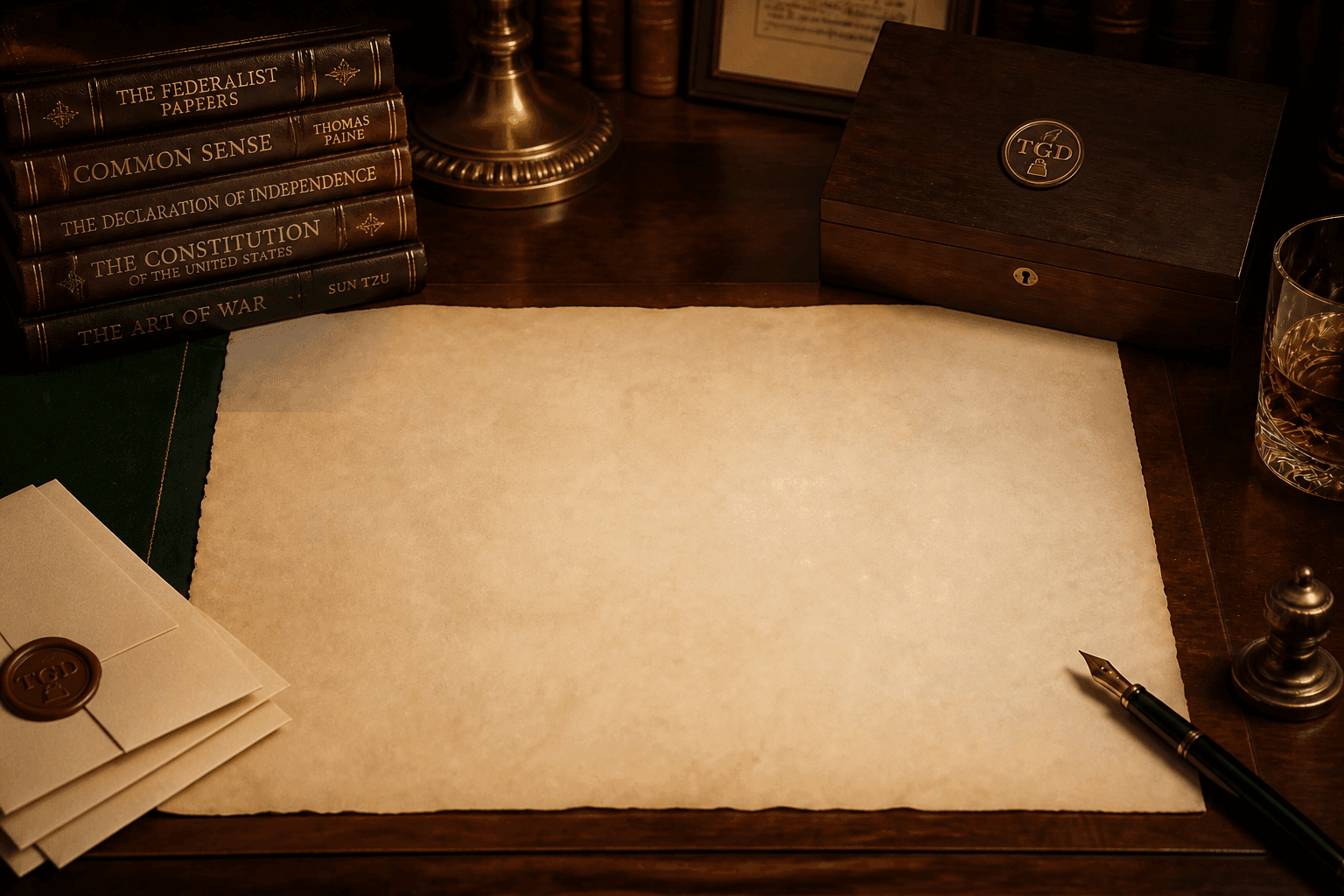Study desk with blank parchment, leather-bound books, sealed letters under a crimson TGD wax seal, and a wooden box with a brass TGD medallion.